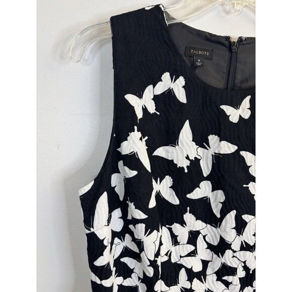 TALBOTS Butterfly Fit & Flare Dress Women 8 Black White Sleeveless Cotton Zip - Picture 5 of 11